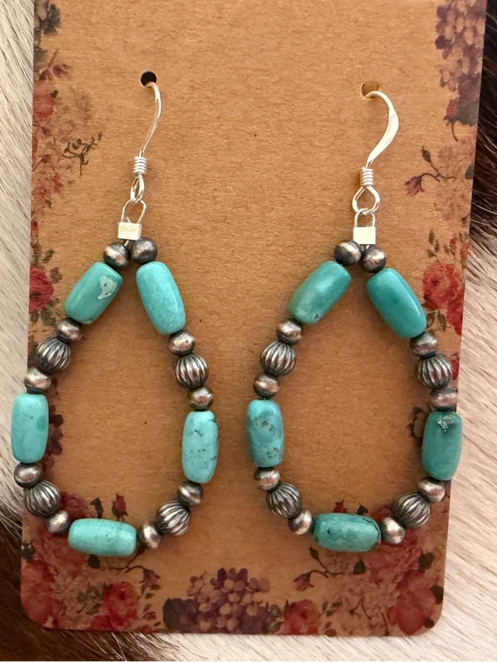 ❤️ 3mm 4mm Sterling Navajo Desert Pearls & Turquoise Lt Weight Earrings USA Made